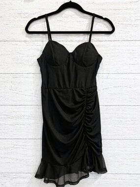 B. Smart Black Ruched Mini Dress NWT Size Small Spaghetti Strap Ruffle Hem
